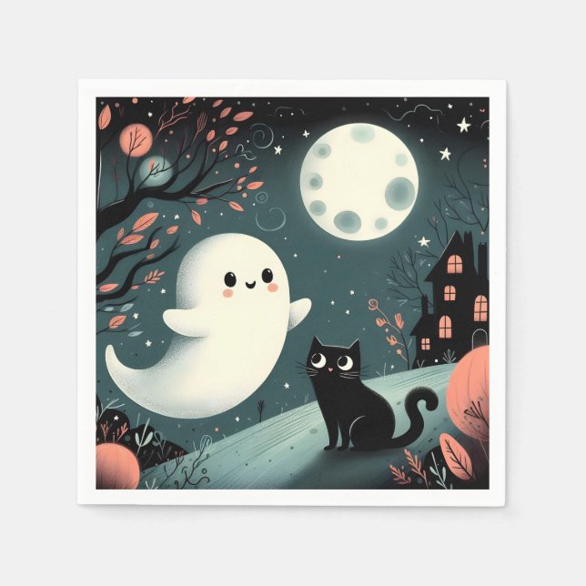 Servilleta De Papel Fantasma, gato negro y luna (Anverso)