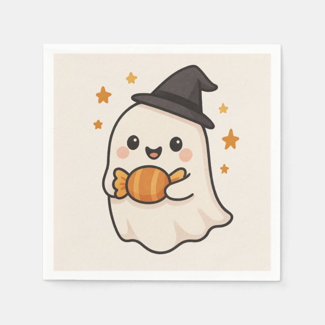 Servilleta De Papel Fantasma Kawaii con dulce de Halloween (Anverso)
