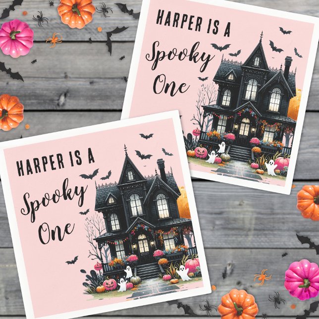 Servilleta De Papel Fantasma Un Fiesta rosado de Halloween Primer Cump (Spooky One Pink Halloween 1st Birthday Party Napkins)