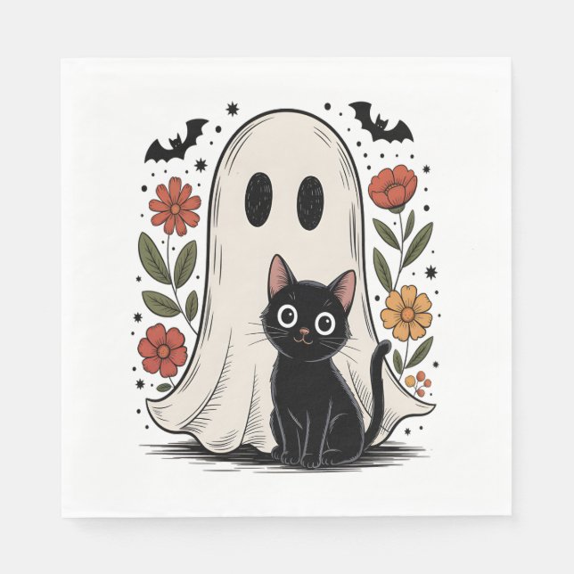 Servilleta De Papel Fantasma y gato de Halloween (Anverso)