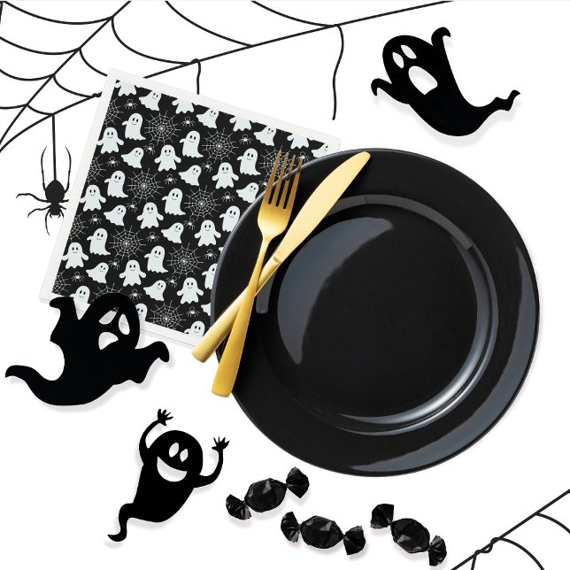 Servilleta De Papel Fantasmas de corte | Arañas | Halloween de Spider  (Cute Ghosts, Spiders and Spider Webs Halloween Black and White Patterned Paper Napkins)