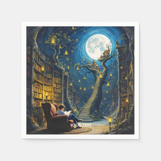 Servilleta De Papel Fantasy Cute Boy Tree Library (Anverso)