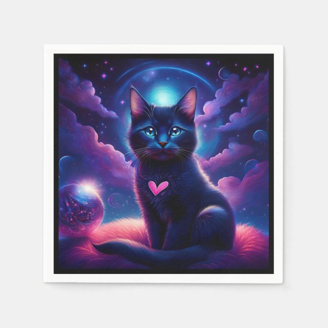Servilleta De Papel Fantasy Scene Black Kitten Beautiful Blue Eyes (Anverso)