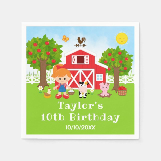 Servilleta De Papel Farm Red Barn Red Hair Chica Birday Party (Anverso)