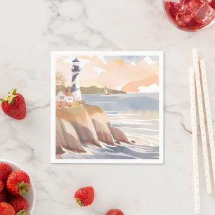 Servilleta De Papel Faro en la Costa   Océano Acuarela