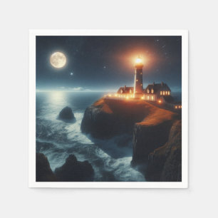 Servilleta De Papel Faro náutico/costero de noche con luna