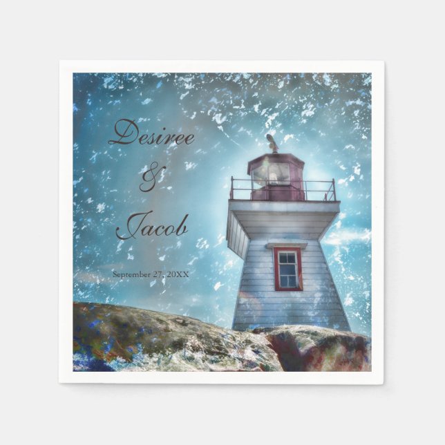 Servilleta De Papel Faro Océano Azul Azul Náutico Costa Rústica (Anverso)
