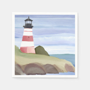 Servilleta De Papel Faro Rojo Pintura Acuarela del Océano Costero