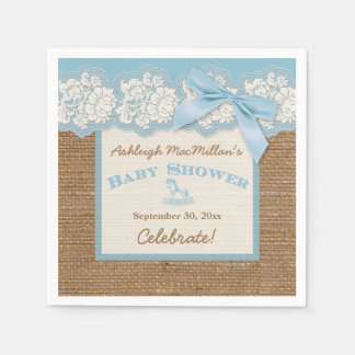 Servilleta De Papel FAUX Burlap Ivory Lace, toallas Baby Shower azules
