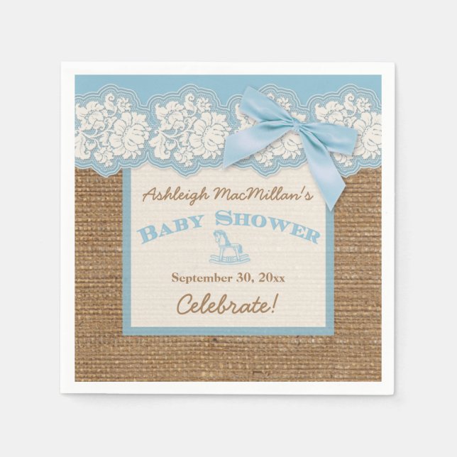 Servilleta De Papel FAUX Burlap Ivory Lace, toallas Baby Shower azules (Anverso)