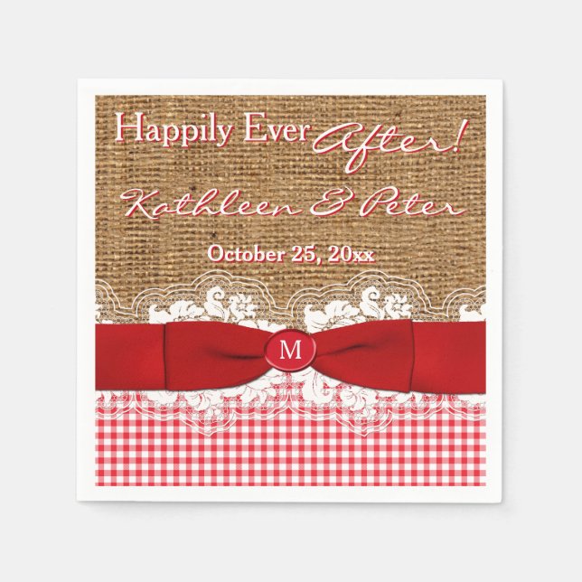 Servilleta De Papel FAUX Burlap, Lace, Gingham Boda Napkins - Rojo (Anverso)