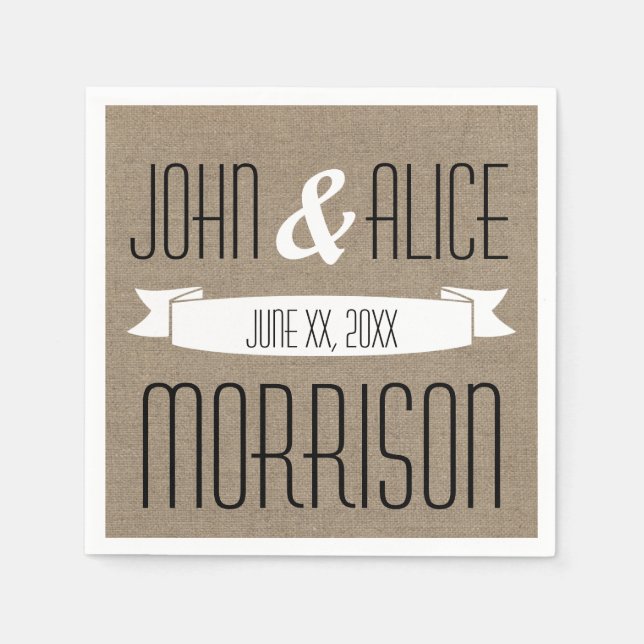 Servilleta De Papel Faux Burlap White Ribbon Monograma Papel Napkins (Anverso)