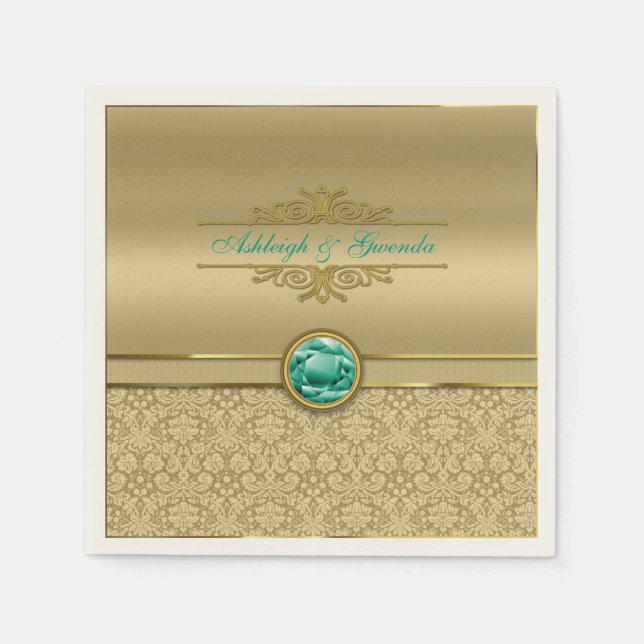 Servilleta De Papel Faux Emerald Green Gemstone Metallic Gold Damask (Anverso)