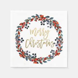 Servilleta De Papel Faux Gold Merry Christmas Berries Holiday Party