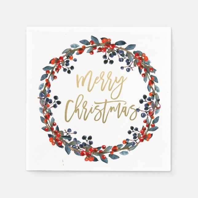 Servilleta De Papel Faux Gold Merry Christmas Berries Holiday Party (Anverso)