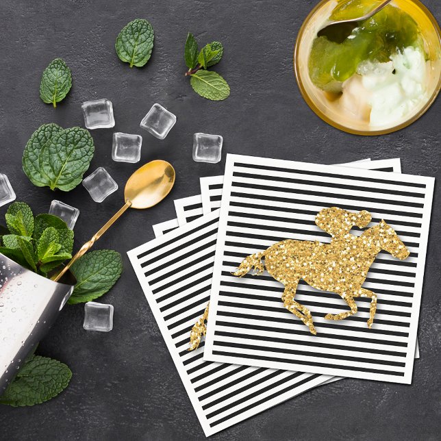 Servilleta De Papel Faux Gold Purpurina Race Horario Bandas blancas y  (Gold racehorse and jockey on black and white stripes Derby  party cocktail napkins)