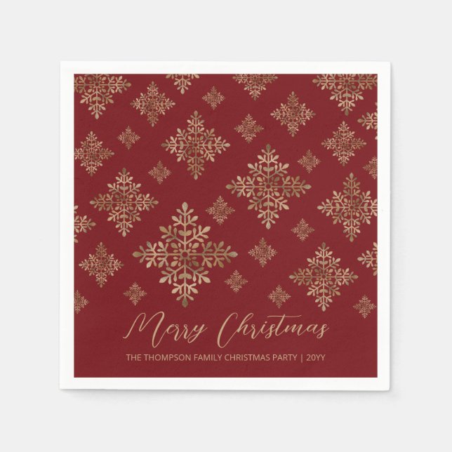 Servilleta De Papel Faux Golden Relieve metalizado Snowflakes On Red ( (Anverso)