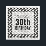 Servilleta De Papel Faux Pied de Poule 30th Birthday Paper Napkins<br><div class="desc">Ensayo de la forma de perro repetidor en 2 colores: negro y fondo de personalizable (aquí blanco) con la etiqueta cuadrada medio transparente para Nombre y otros textos. Diseño de casetas falsas para estas servilletas de papel de cumpleaños número 30. Todo es personalizable.</div>