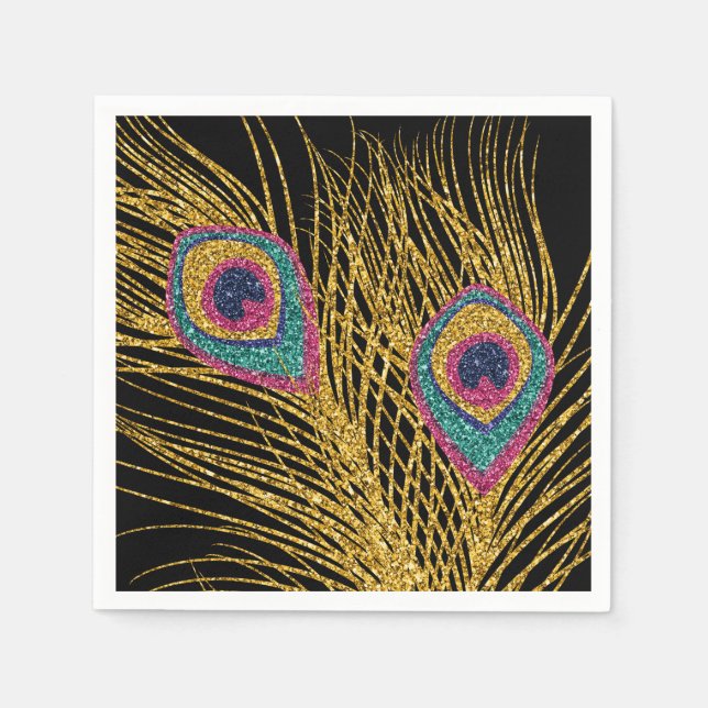 Servilleta De Papel Faux Purpurina Gold Peacock Feathers (Anverso)
