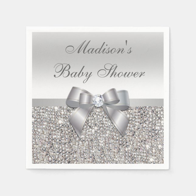 Servilleta De Papel Faux Silver Sequins Bow Baby Shower personalizado (Anverso)