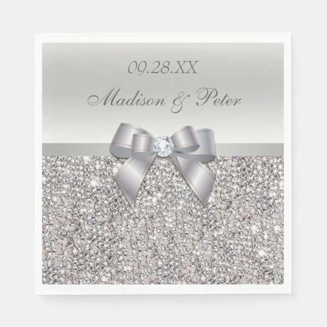 Servilleta De Papel Faux Silver Sequins Bow Boda personalizado (Anverso)