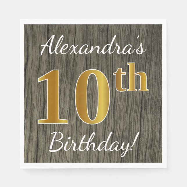 Servilleta De Papel Faux Wood, Faux Gold 10th Birthday + Custom Name (Anverso)