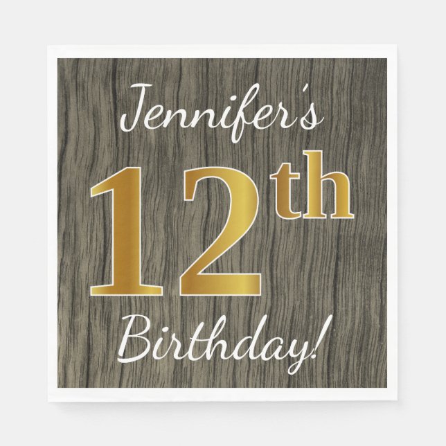 Servilleta De Papel Faux Wood, Faux Gold 12th Birthday + Custom Name (Anverso)