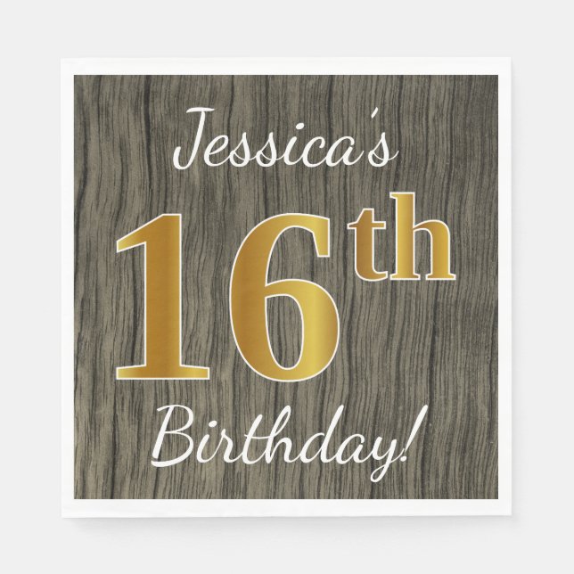 Servilleta De Papel Faux Wood, Faux Gold 16th Birthday + Custom Name (Anverso)