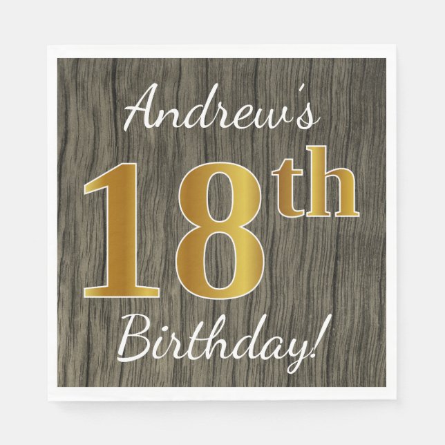 Servilleta De Papel Faux Wood, Faux Gold 18th Birthday + Custom Name (Anverso)