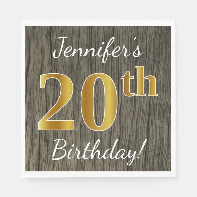 Servilleta De Papel Faux Wood, Faux Gold 20th Birthday + Custom Name (Anverso)