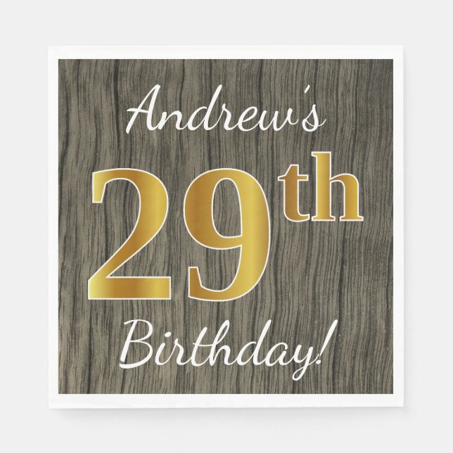 Servilleta De Papel Faux Wood, Faux Gold 29th Birthday + Custom Name (Anverso)