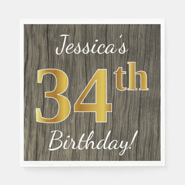 Servilleta De Papel Faux Wood, Faux Gold 34th Birthday + Custom Name (Anverso)
