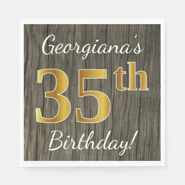 Servilleta De Papel Faux Wood, Faux Gold 35th Birthday + Custom Name (Anverso)