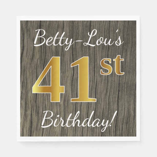 Servilleta De Papel Faux Wood, Faux Gold 41st Birthday + Custom Name (Anverso)