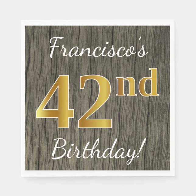 Servilleta De Papel Faux Wood, Faux Gold 42nd Birthday + Custom Name (Anverso)
