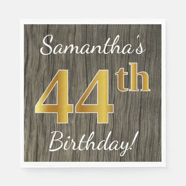 Servilleta De Papel Faux Wood, Faux Gold 44th Birthday + Custom Name (Anverso)