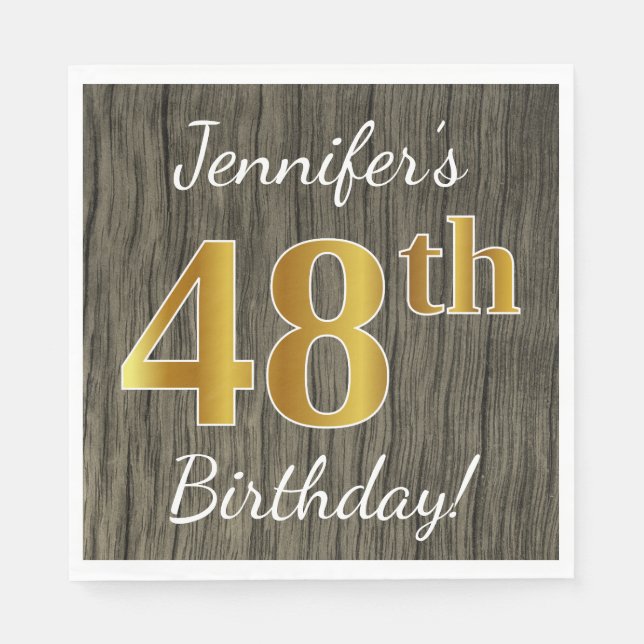 Servilleta De Papel Faux Wood, Faux Gold 48th Birthday + Custom Name (Anverso)