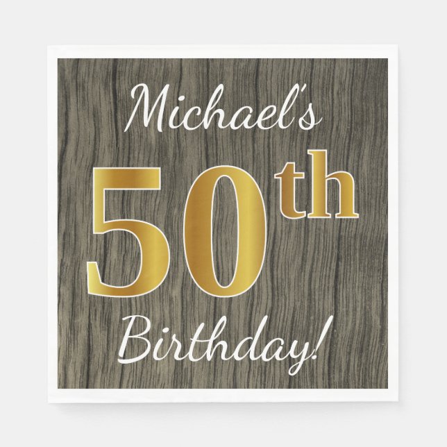 Servilleta De Papel Faux Wood, Faux Gold 50th Birthday + Custom Name (Anverso)