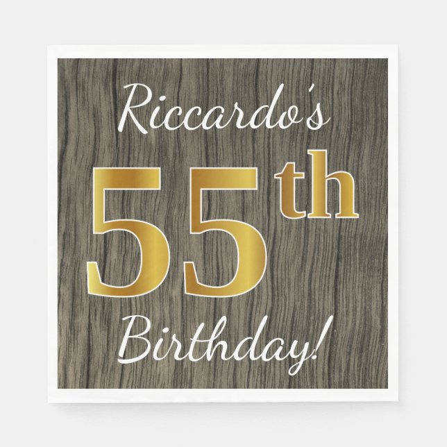 Servilleta De Papel Faux Wood, Faux Gold 55th Birthday + Custom Name (Anverso)