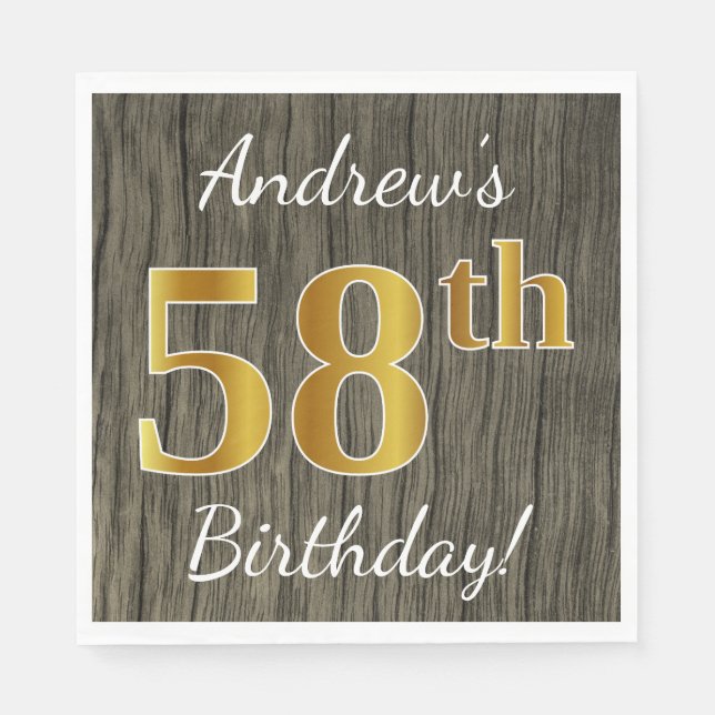 Servilleta De Papel Faux Wood, Faux Gold 58th Birthday + Custom Name (Anverso)