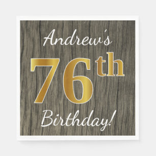 Servilleta De Papel Faux Wood, Faux Gold 76th Birthday + Custom Name