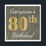 Servilleta De Papel Faux Wood, Faux Gold 80th Birthday   Custom Name<br><div class="desc">Este sencillo diseño de servilletas de papel muestra un mensaje como "¡Cumpleaños 80 de Georgiana!", con el "80" en apariencia de oro falso, en un falso fondo de apariencia de madera. El nombre se puede personalizar. Se podría usar en una fiesta de cumpleaños para alguien que esté celebrando su ochenta...</div>