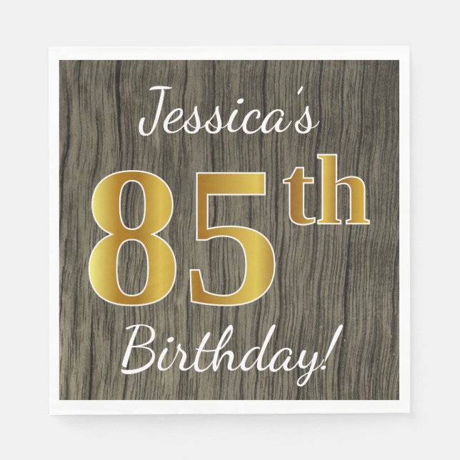 Servilleta De Papel Faux Wood, Faux Gold 85th Birthday + Custom Name (Anverso)