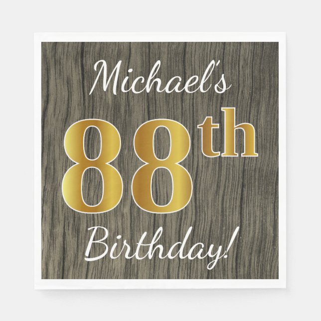 Servilleta De Papel Faux Wood, Faux Gold 88th Birthday + Custom Name (Anverso)