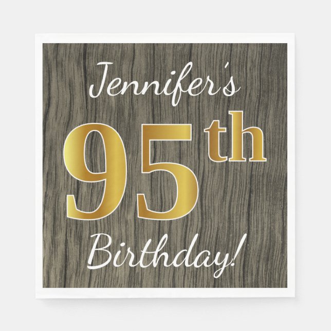 Servilleta De Papel Faux Wood, Faux Gold 95th Birthday + Custom Name (Anverso)