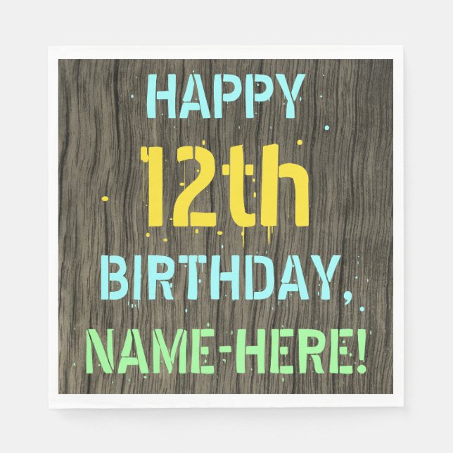 Servilleta De Papel Faux Wood, Painted Text Look, 12th Birthday + Name (Anverso)