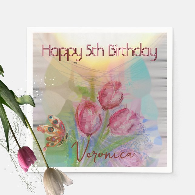 Servilleta De Papel Felices 5ª Chica Nápoles de cumpleaños con tulipan (Happy 5th Girl Birthday Napkins with Tulips)