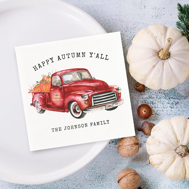Servilleta De Papel Felices calabazas de camiones rojos de otoño perso (Happy Autumn Red Truck Pumpkins Personalized Napkins)