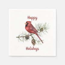 Felices Fiestas Cardenales Rojos Rama de Pino Cone