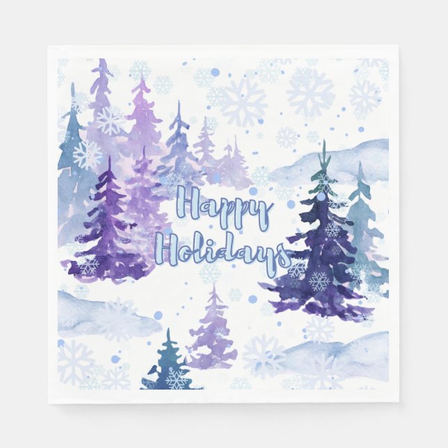 Servilleta De Papel Felices fiestas Morado Invierno Árboles Nevados (Anverso)